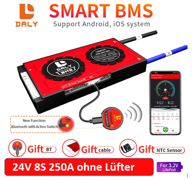 Daly Smart BMS 24V 8S 250A LiFePO4 mit Bluetooth ohne Lüfter