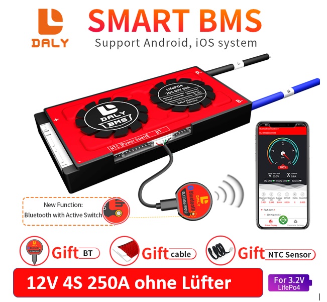 Daly Smart BMS 12V 4S 250A LiFePO4 mit Bluetooth ohne Lüfter