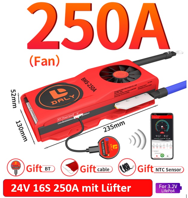 Daly Smart BMS 48V 16S 250A LiFePO4 mit Bluetooth mit Lüfter
