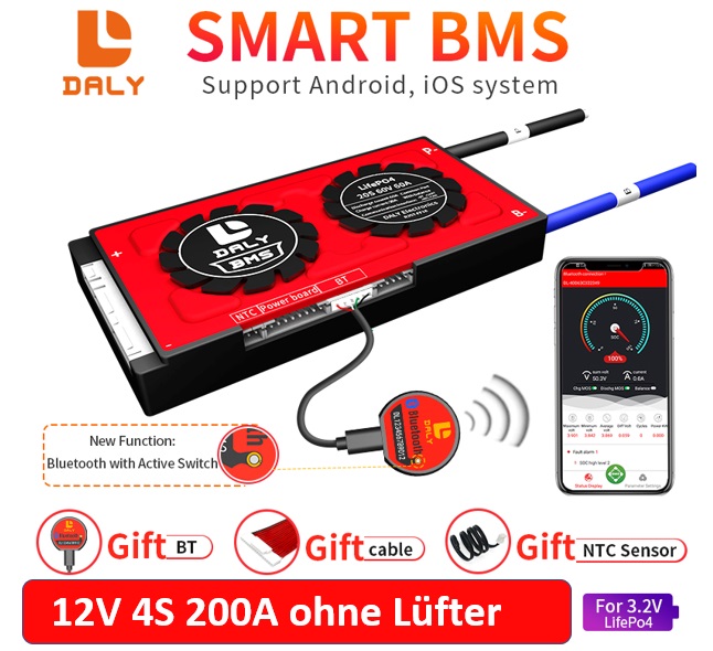 Daly Smart BMS 12V 4S 200A LiFePO4 mit Bluetooth ohne Lüfter