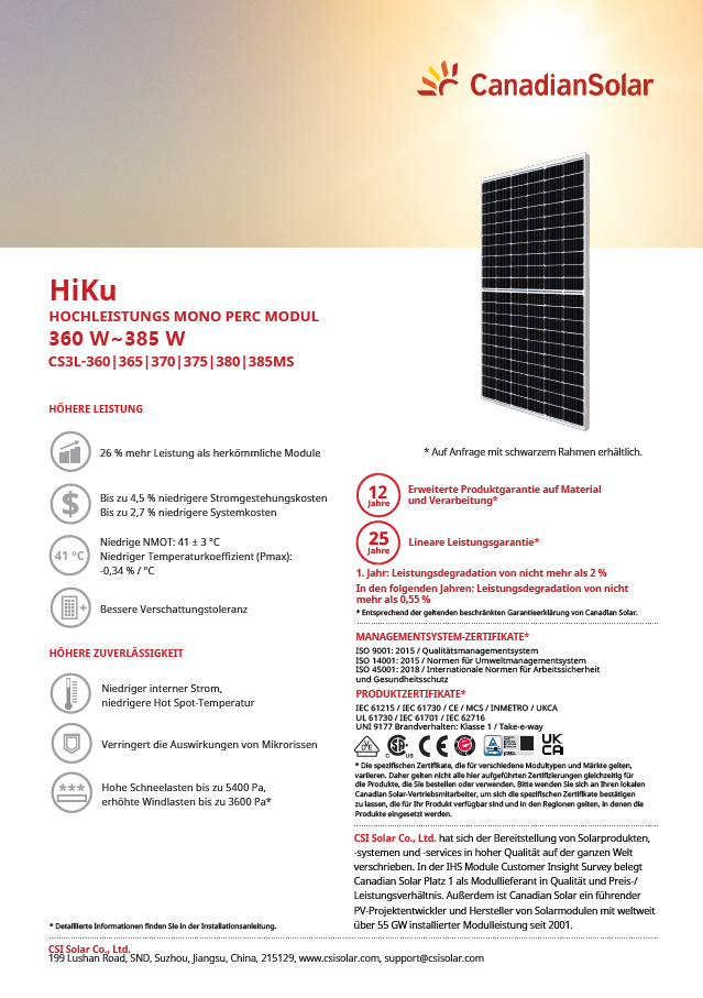 375 Wp Canadian Solar Solarmodul Schwarzer Rahmen